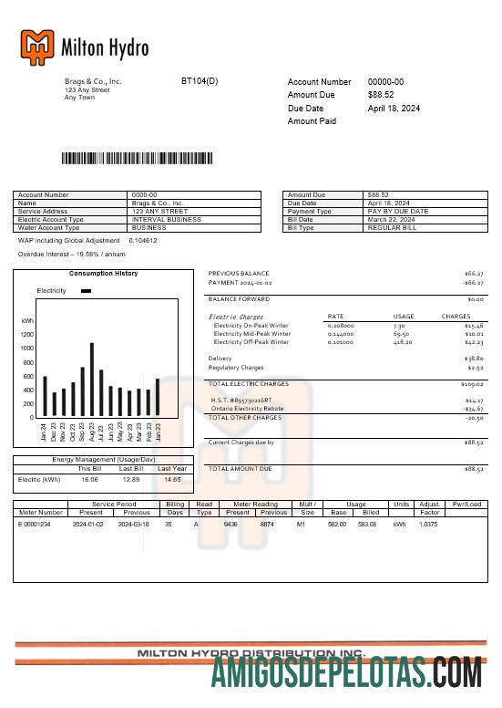 Formatos Word e PDF da fatura de serviços públicos da Canada Milton Hydro Electricitybusiness baixar para verificação
